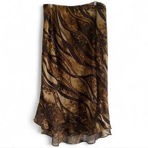 Cato Brown Animal Print Sheer Midi Skirt Asymmetrical Hem Large